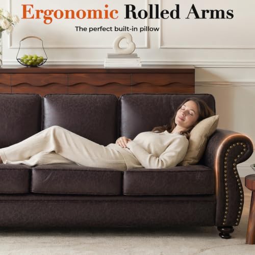 Image of Couchus 88 inch W Sofa Couches with Nailhead Trim, Mid-Century Vintage Faux Leather 3-Seater Sofa, Upholstered Couch for Living Room (Brown, 3-Seater)