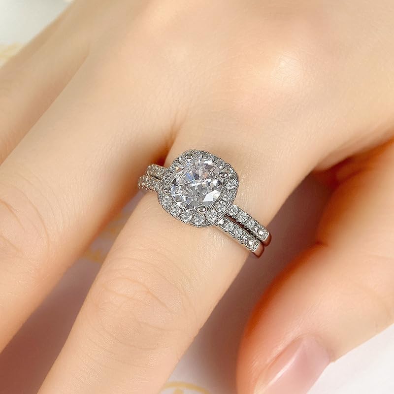 925 Sterling Silver Square Halo Engagement Rings Eternity Ring for Women Wedding Bands Cubic Zirconia Wedding Rings for Women Promise Rings for Her Jewelry Valentine s for Women Ring Set Size 10 - Image 3