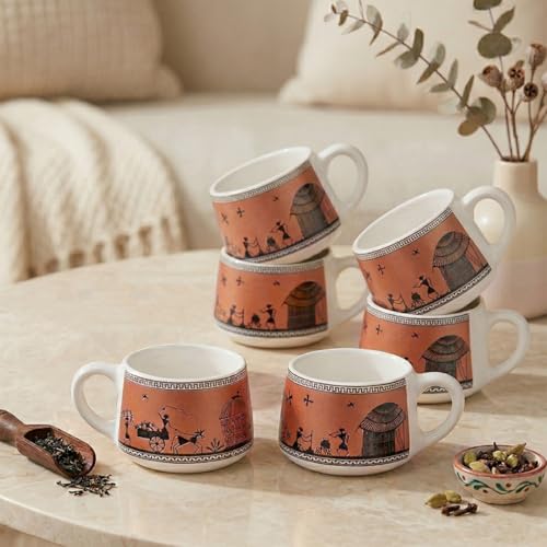 Image of The Earth Store Brown Warli Art Ceramic Tea Cup Set of 6 for Tea | 140ML Each | Microwave & Dishwasher Safe | Perfect for Every Occasion Chai | Coffee Cups for Home, Office, Gifting & Daily Use