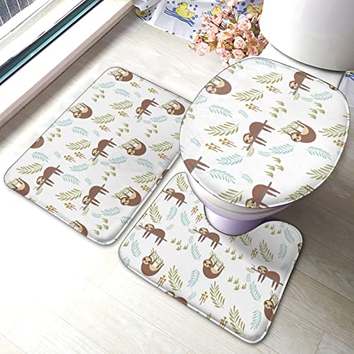 MBNGGAB Badematte + Konturmatte + Toilettendeckelbezug, Lustiges Cartoon Faultier 3 Stück Badematte Set, mit rutschfester Klebeunterseite