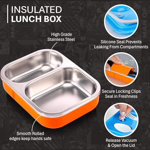 Image of Nayasa Marco Wonder Women Print 2 Compartment Stainless Steel Insulated Lunch Box for Kids | Vacuum Sealed Leak Proof Tiffin Box | 650 ml | Orange & Black