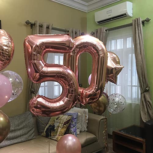 Image of 40 Inch Rose Gold 50 Number Balloons Giant Jumbo Huge 50 Foil Mylar Helium Number Digital Balloons Rose Gold Birthday Mylar Digital Balloons 50th Birthday Parth 50th Anniversary Events Party