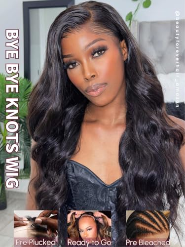 Image of Beauty Forever 7x5 Bye Bye Knots Put on and Go Glueless Wig Pre Cut 3D Body Wave Lace Front Wig Human Hair with Bleached Knots Pre Plucked Wigs for Beginner 150% Density Natural Color 26 Inch