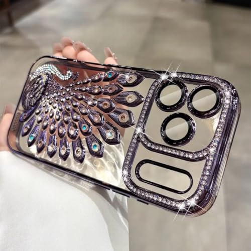 Coque iPhone 16 violette à paillettes paon idéale pour sublimer vos soirées et sorties