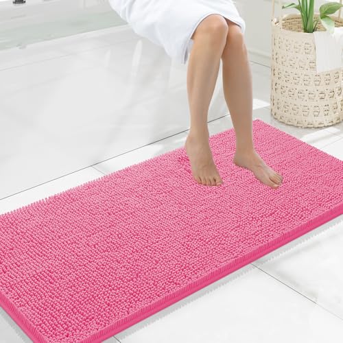 Smiry Luxury Chenille Bathroom Rugs 47x20, Extra Soft and Absorbent Shaggy Bath Mat, Machine Washable, Non-Slip Plush Carpet Runner for Tub, Shower, and Floor, Home Decor Accessories, Hot Pink