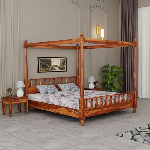 Image of Solid Wood Sheesham Bed King Size Poster Bed Wooden Double Bed Cot Bed Furniture for Bedroom Home and Hotel (Honey Finish, King) 1 Year Warrenty