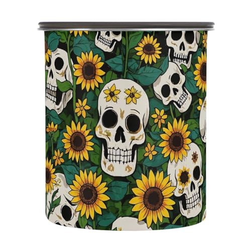 Contenedor de café con diseño de calavera y girasol