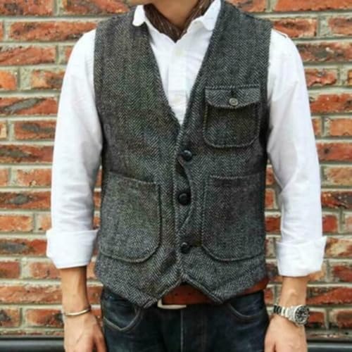 Men's Herringbone Tweed Vest V Neck Waistcoat Casual Vests for Men Vintage Travel Workwear Vest4