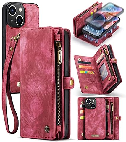 UFinetech Etui na iPhone'a 14 Plus, odporne na wstrząsy etui na karty skórzane etui z portfelem iPhone 14 Plus (6,7 cala), otwierany zderzak magnetyczny odpinany pasek na zamek błyskawiczny odporny na zarysowania miękki TPU luksusowa torebka kabura, czerwony