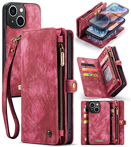 UFinetech Etui na iPhone'a 14 Plus, odporne na wstrząsy etui na karty skórzane etui z portfelem iPhone 14 Plus (6,7 cala), otwierany zderzak magnetyczny odpinany pasek na zamek błyskawiczny odporny na zarysowania miękki TPU luksusowa torebka kabura, czerwony