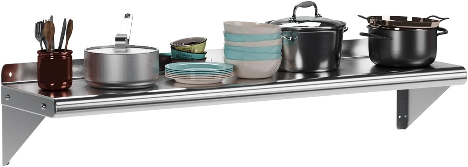 KYBOLT 12" x 24"Commercial Stainless Steel Wall Mounted Shelf with 5 Hooks for Hanging Pots and Pans - Ideal for Storage in Restaurants, Kitchens, Homes, and Hotels