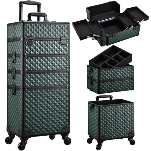 Kosmetikkoffer Trolley 4-in-1 Kosmetikkoffer Groß Kosmetik Trolley Make up Koffer Schminkkoffer mit Rollen Friseurkoffer Alu Beauty Case Nagelkoffer Multikoffer, Dunkelgrün