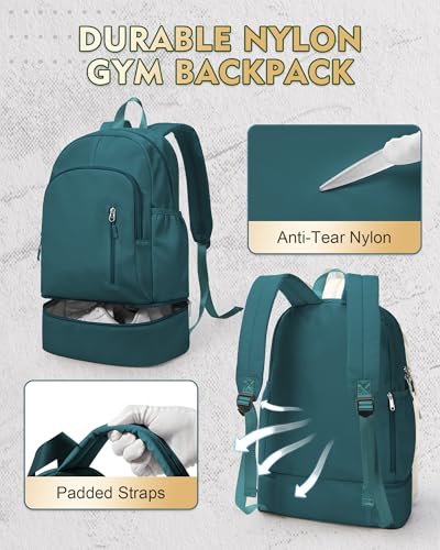 Image of Gym Backpack for Women Men, Lightweight Gym Bag with Shoe Compartment, Waterproof Sports Backpack with Wet Pocket, Peacock Blue