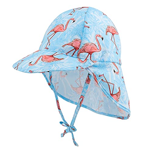 LACOFIA Baby Sonnenhut mit Bindebändern und Nackenschutz Kinder Strand Mützen Kleinkind Sommer Visier Cap Blau Flamingo 2-5 Jahre