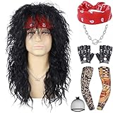 Tereshar 7pcs Set 80s Long Curly Wig Mens Mullet Black Rocker Costume Wig 70s 80s 90s Outfits Party Halloween Cosplay Funny Crazy Wigs (Black)