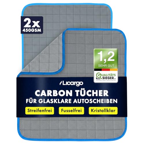 LICARGO Carbon Fenstertücher 2er-Set - Mikrofaser Glastuch streifenfrei für Auto & Haushalt, 450 GSM Scheibentuch für kristallklare Autoscheiben innen & aussen, 50x40 cm Carbontuch fusselfrei