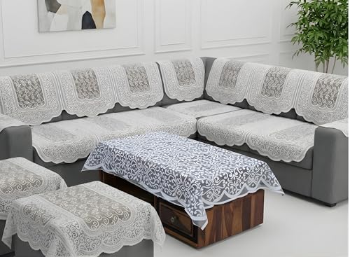 Image of Fab Nation Sofa Cover L Shape 5 Seater with Corner L Type Sofa Set for Living Room | Cotton Sofa Slipcovers for 3 + 2 Seaters Cover with 2 Arms + 2 Setty Covers + 1 Table Cover | Silver