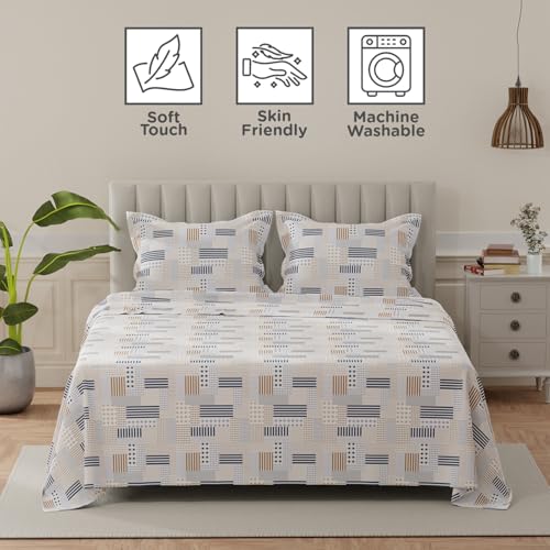 Image of Layers 100% Cotton Bedsheet for King Size Bed | Lumina Floret Collection | 144 TC Soft & Breathable | Printed with 2 Pillow Covers | Wrinkle Free & Colorfast | 3 Piece Bedding Set - Blue & Brown