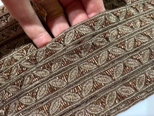 Brown Copper Embroidered Trim Hand Sewn Leaves Glass Beads 5/8