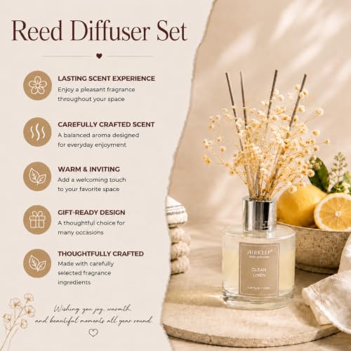 Image of Airkeep Reed Diffuser Set,3.38 fl oz (100 ml) - Clean Linen Oil Diffusers with 8 Reed Sticks,Home Fragrance Reed Diffuser for Bathroom Shelf Decor