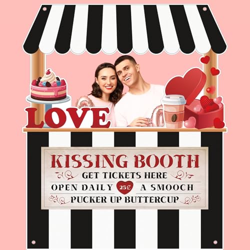 Valentines Day Kissing Booth Backdrop Photo Prop Selfie Frame Movie Party Decor Black & White Love Theme Decoration Fabric Photo Backdrop for Holiday Event Carnival Party Celebration 71.3x59.6 Inch