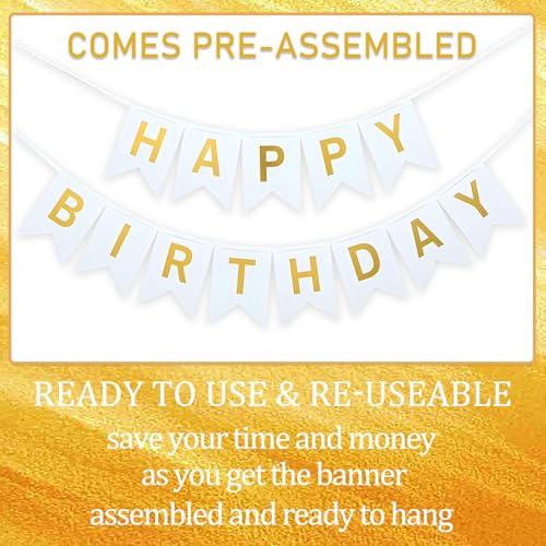 Image of White Happy Birthday Banner With Shiny Gold Letters- 16 ft Pre-Strung Gold & White Birthday Party Decorations Sign for Girls, Boys, Kids, Women - No DIY Hanging Backdrop for Indoor & Outdoor Celebrations