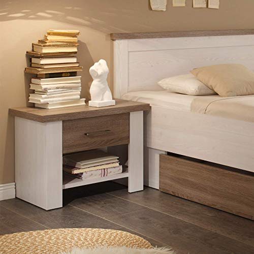 LUCA Stilvolle Bettanlage 180 x 200 cm mit 2x Nachtkommoden & 2x Bettkästen - Schlafzimmer Komplett-Set in Pinie Weiß / Trüffel - 186 x 91 x 205 cm (B/H/T) – Bild 6