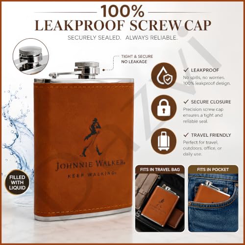 Image of Stainless Steel Hip Flask for Men & Women 8oz (236ml) - Whisky Flask Vodka Alcoholic Liquor Holder with Funnel Drinks Pocket Carrying Case - Leakproof Travel Flasks for Drinks, (Brown JW)