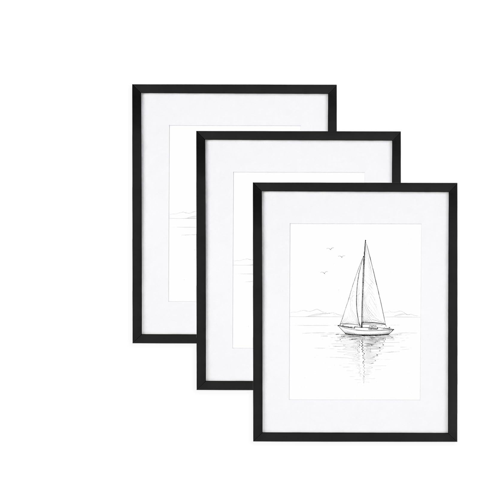A2 Picture Frames Set of 3, 42x59.4cm Photo Frames with A3 Mat, MDF Wood Frame with Acrylic Cover, Wall Mounting Only, White/Black/Natural Wood (black)