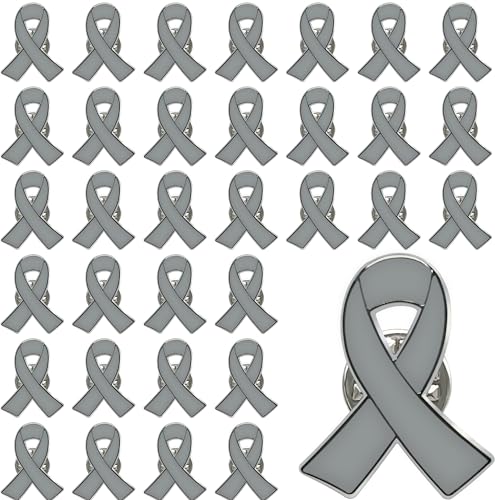 Image of 25 /50 /100 /200 pieces metal grey Ribbon brooch pin for Parkinson's disease, brain cancer, asthma, allergies, diabetes enamel Grey Ribbon lapel Pins Awareness for fundraising charity events bulk