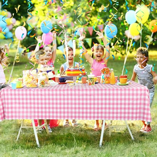 Image of Kochorie 54 Inch x 300 Ft Light Pink Checkered Plastic Table Cloth Roll Disposable Waterproof Table Cover Plastic Table Cover Roll with Easy Slide Cutter for Outdoor Picnic /Home Dining /Spring Party