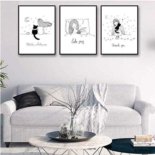 Impression HD mur art de bande dessinée lune chat fille affiche abstraite enfant 50x70cm sans cadre