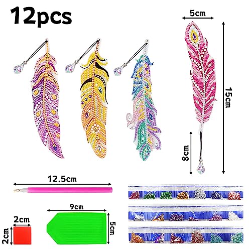 Lymshine Diamond Art Bookmarks Kits, 12 Pcs Diamond Painting Feather Bookmarks with Crystal Pendant - Image 3