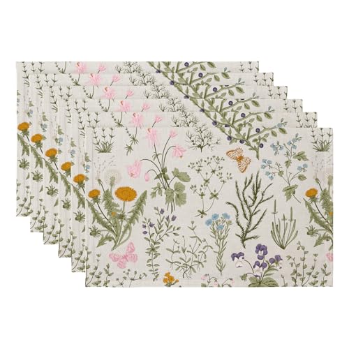 QIYI Boho Placemats Set of 6, 12x18 Inch Linen Fabric Floral Place Mats for Kitchen Dinning, Farmhouse Rustic Cloth Table Mats, Washable Placemat Botanical Party Table Décor, Wildflowers Herbs