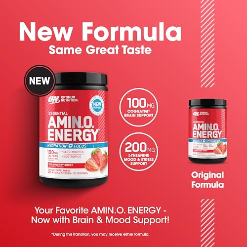 Image of Optimum Nutrition Amino Energy Powder Plus Focus, with BCAA, Electrolytes, and Caffeine, Juicy Strawberry, 30 Servings (Packaging May Vary) (Pack of 6)