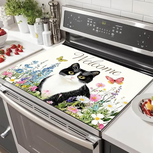 Image of HOMETITUTE Black Cat Stove Top Covers for Electric Stove 28x20 Inches Heat Resistant Spring Glass Cooktop Protector Pad Decorative Stovetop Cover Dish Drying Mats for Kitchen Coffee Bar Decor