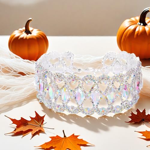 90s Diamond Rhinestone Crystal Choker Necklace Halloween Costume Jewelry for Women- Chunky Elegant Flower Wide Necklaces Y2k Minimalist Jewelry,Christmas Gifts3