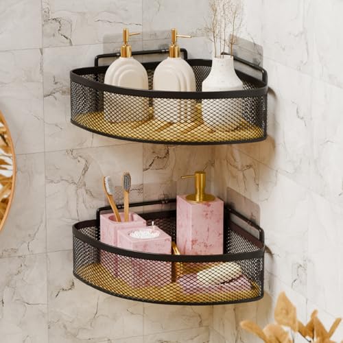 Image of Lifelong Bathroom Corner Shelf for Storage | Pack of 2 | Mesh Wire Basket with Bamboo Tray | Dual Installation - Adhesive Sticker & Screws | Strong and Durable, Easy Install (Black, LLHIBCB01)