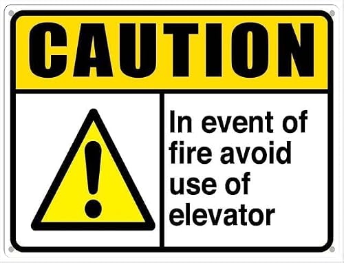 Caution In Event of Fire Avoid Use of Elevator Rust Free Aluminum Tin Sign - Warning Decor with Pre-Drilled Holes for Indoor-Outdoor Office Elevator, Mall Lift, Apartment - 8x12 Inch​
