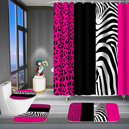 Poedist 4 Pcs Bathroom Shower Curtain Set,Rosy Leopard Print Shower Curtain Bright Style Shower Curtain Sets with Rugs(Bath Mat,U Shape and Toilet Lid Cover Mat) and 12 Hooks