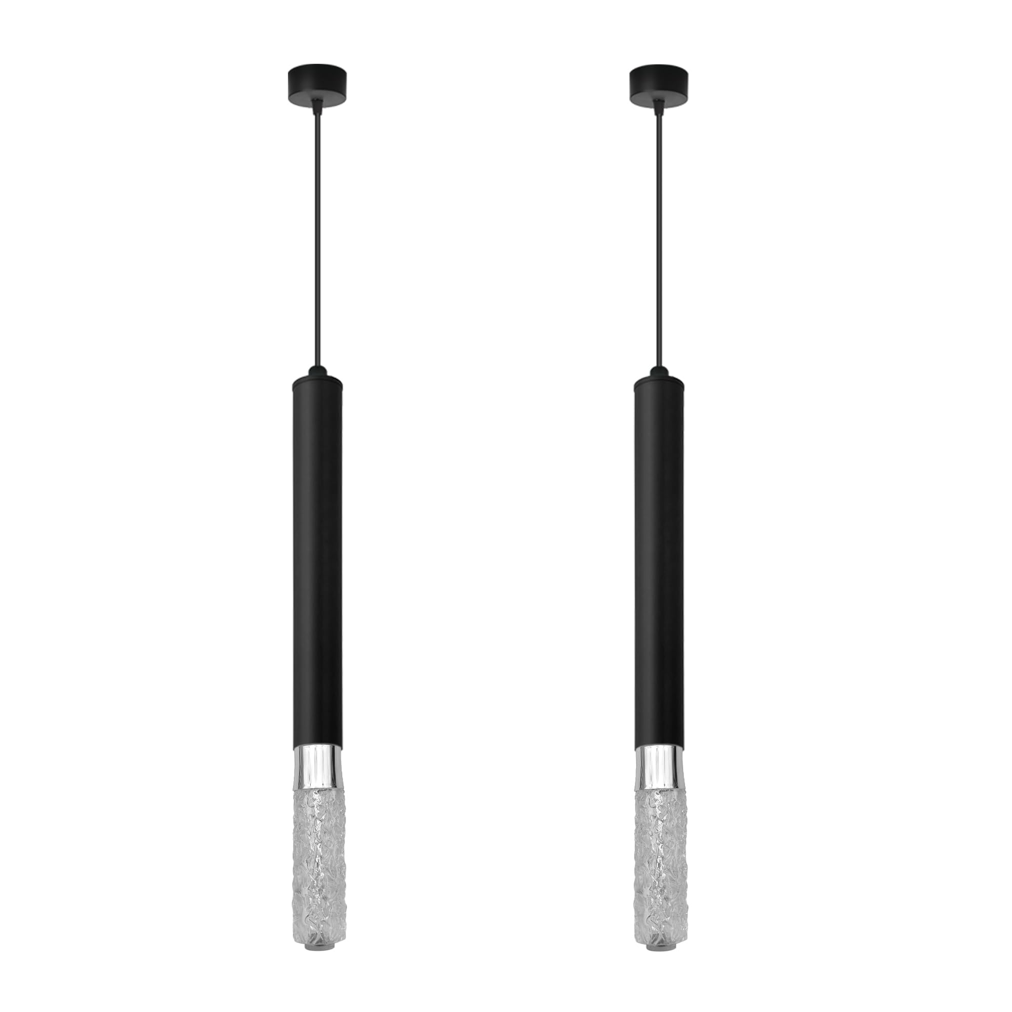 Pack of 2 Modern Black Pendant Ceiling Light Fittings with E14 5W Long Crystal Bulbs Included, Adjustable 95cm Cable, Slim Tube Hanging Lamps, Industrial Ceiling Lights for Kitchen Island, Dining Room