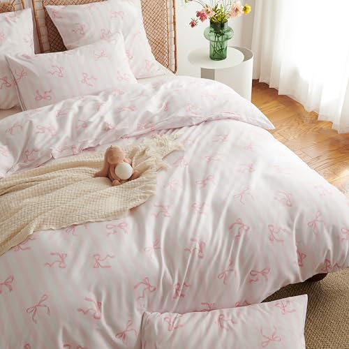 Image of Bow Duvet Cover Full Size Pink Striped Bowknot Bedding Set Kids Girls Cute Bows Vertical Stripes Soft Breathable Microfiber Comforter Cover Set with Zipper Closure and 2 Pillowcases