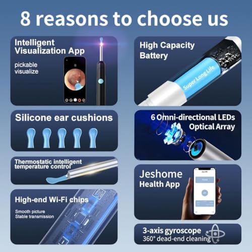 Image of New Ear Cleaner Tool Endoscope Otoscope, Ear Wax Cleaner with 1080p FHD Camera Ear wax remover Tool with Wifi Connection & 6 LED Lights Multi