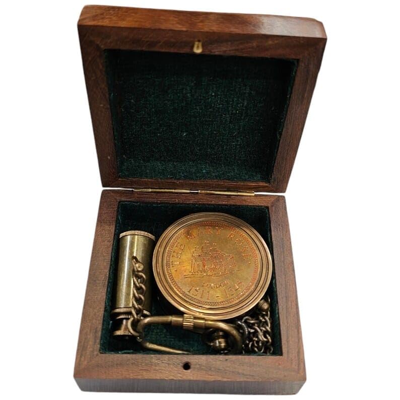 Vintage Brass Sundial Compass and Mini Telescope Set with Wooden Box, Maritime Navigation Collection Perfect for Gifting-picture-27