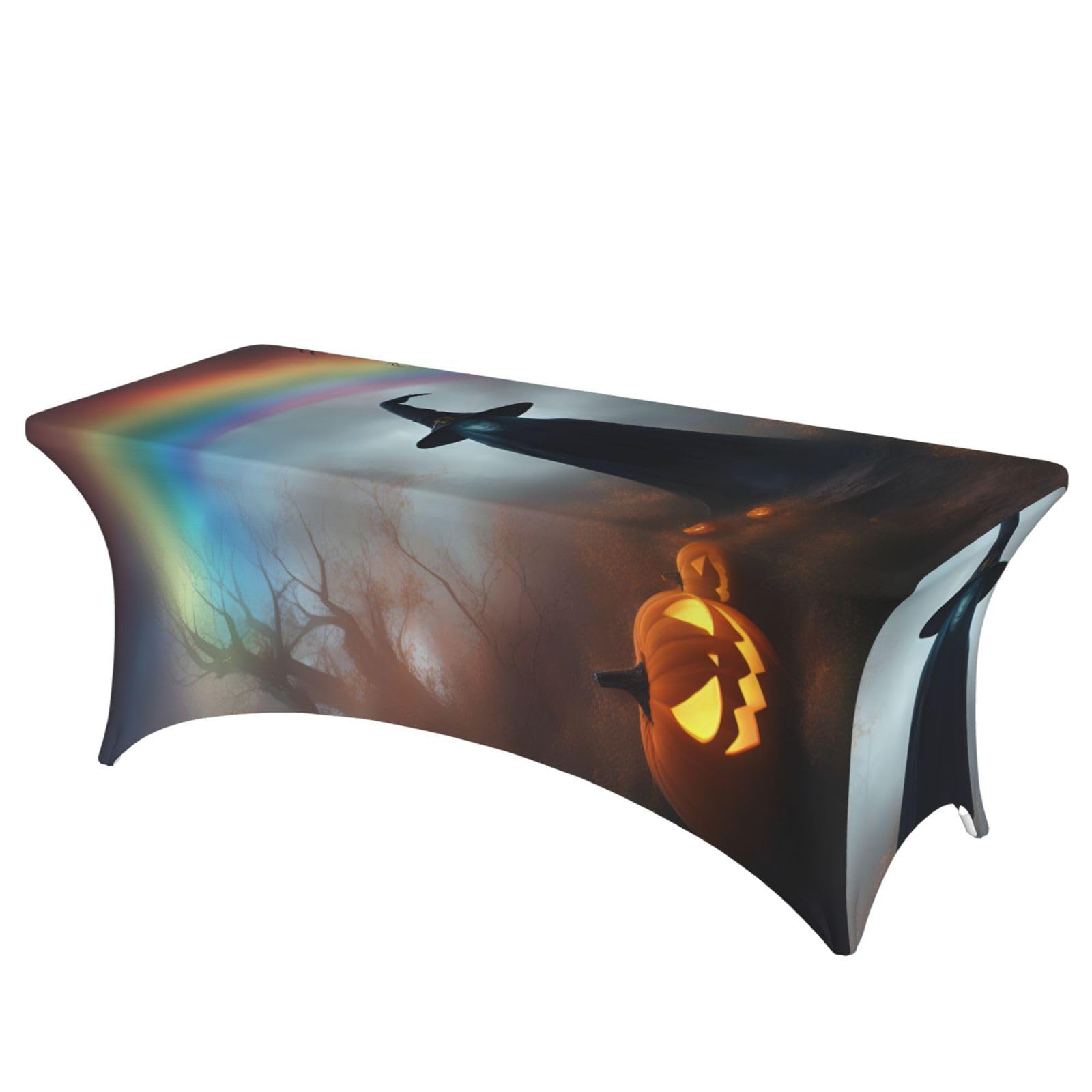 NImongt Rainbow Halloween Ghost Witch Hat Spiders Print Elastic Rectangular Tablecloth Holidays Family Banquet Wedding Party Table Cover
