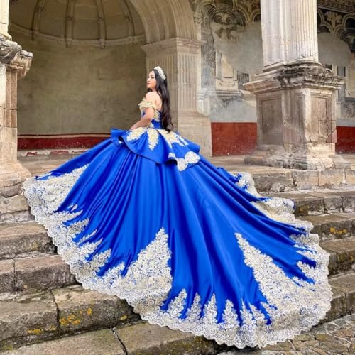Princess Satin Quinceanera Dresses Gold Lace Sweet 16 Dresses Off The Shoulder Applique Long Ball Gown with Train2