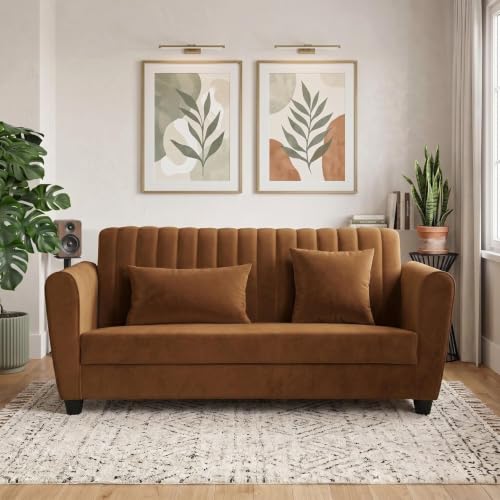 Image of Velvet 2 Seater Sofa, Chesterfield Tufted Sofa with Nailhead Trim, Rolled Arm Sofa with Wood Legs for Living Room & Office (Brown Color)