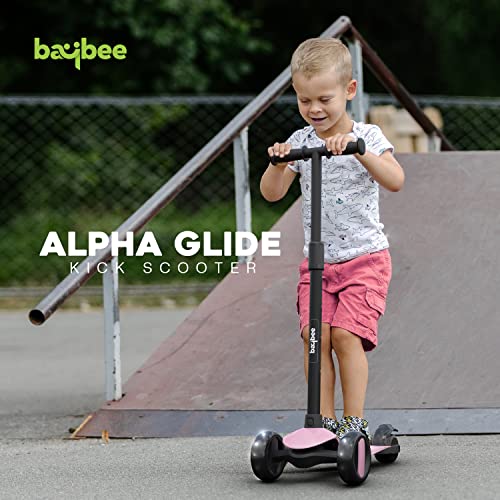 Image of Baybee Alpha-Glide 3 Wheel Scooter for Kids - Foldable & Height Adjustable Handle, LED PU Wheels & Brake - Ages 2-10 Years (Light Pink)