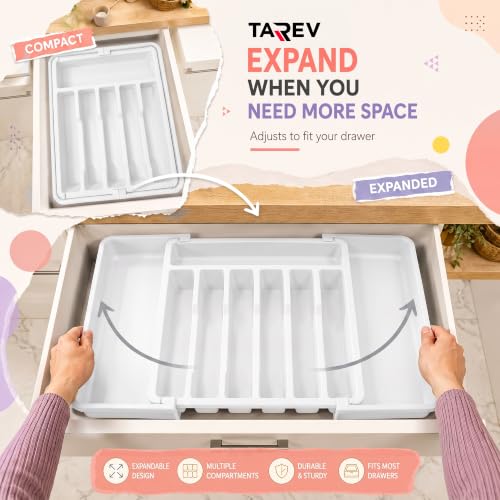 Image of Drawer Organizer Tray /Kitchen Expandable Utensil Tray /Adjustable Utensil Organizer /Cutlery Silverware Flatware Holder /Divider for Spoons Forks Knives Tableware (White, 2 Pcs)