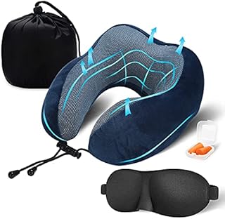 Findigit Travel Pillow Travel Neck Pillow 100% Pure Memory Foam Pillow Airplanes Car Sleep Neck Comfortable Breathable Washable Cover Travel Kit for Adults & Kids with Eye Masks Earplugs BagBlue